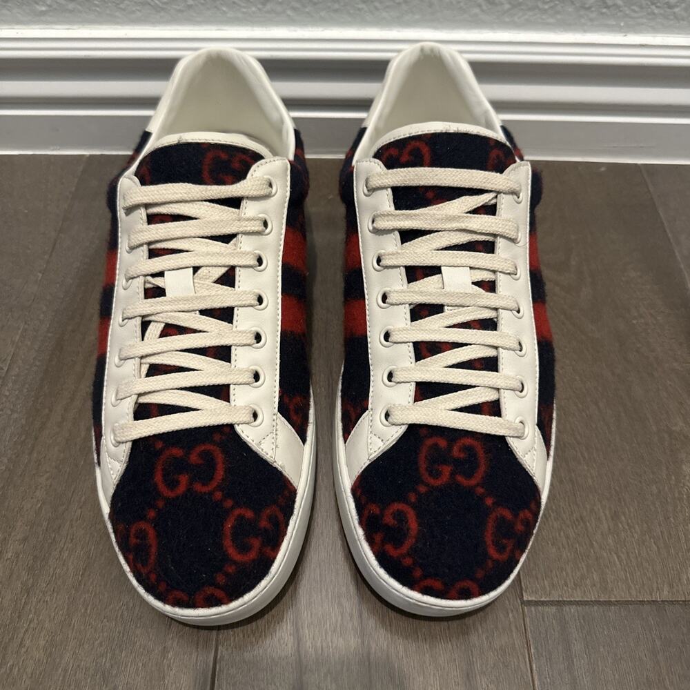 AUTHENTIC GUCCI WOOL ACE GG BLUE RED SNEAKERS 548495 GG 9.5 (fits USA 10.5)